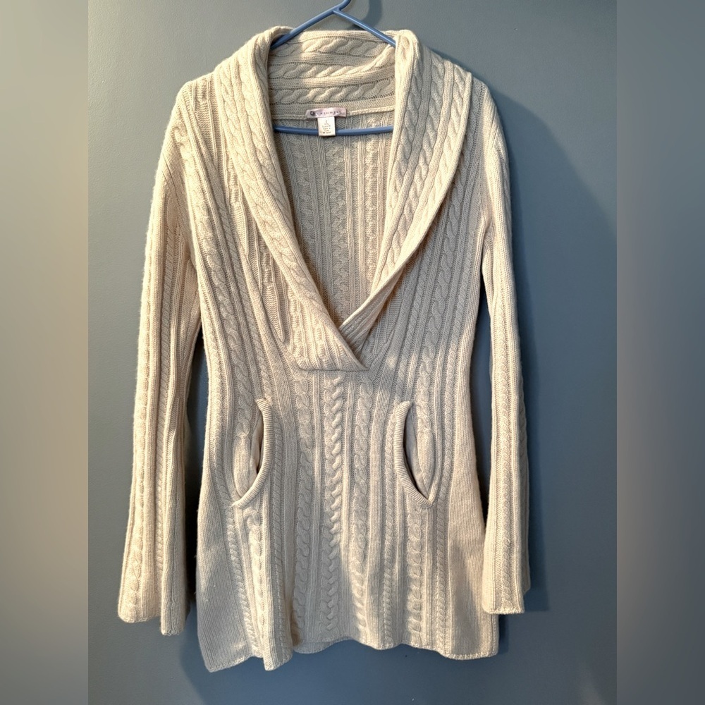 Qi Cashmere Hooded Cashmere Long Sleeve Cable Knit Sweater Womens‎ Sz S PTP 17"